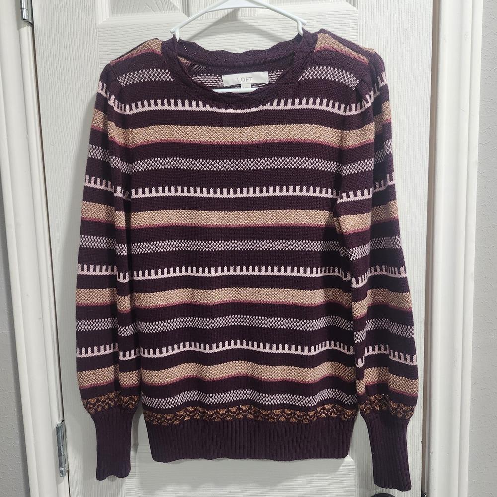 LOFT Sweater Womens Small Plum Striped Rose Gold Metallic Knit‎ Cotton Blend